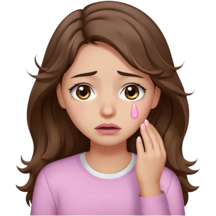 girl with wavy long brown hair, brown eyes, light to medium complexion, long lashes, light pink lipstick, wearing light pink shirt, weeping big big tears emoji