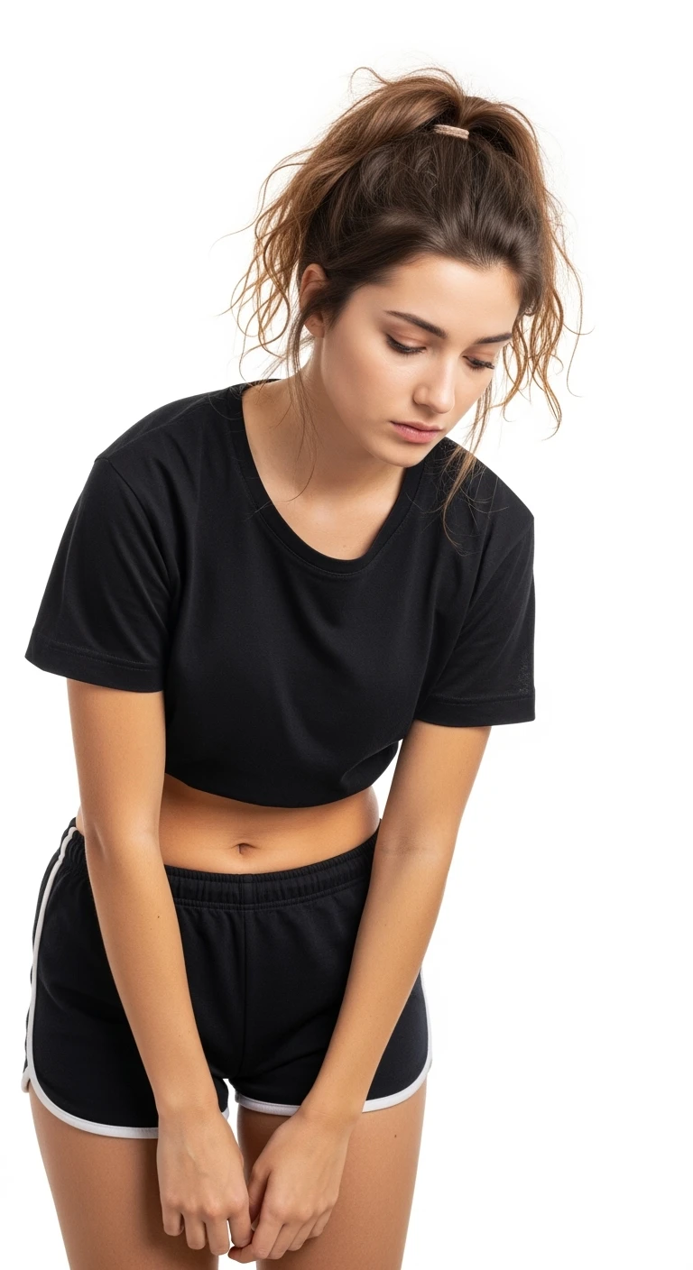 donna giovane con cellulite in gym short leggermente piegata in avanti, con espressione dispiaciuta in volto isolata su sfondo bianco emoji