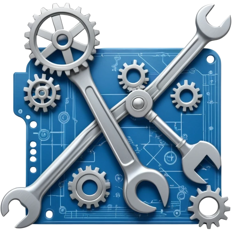 An icon featuring a wrench, gears, and a blueprint, symbolizing engineering. The design includes a circuit board, a hammer, and a compass, representing the creation and innovation of machines, structures, and technology. Transparent background emoji