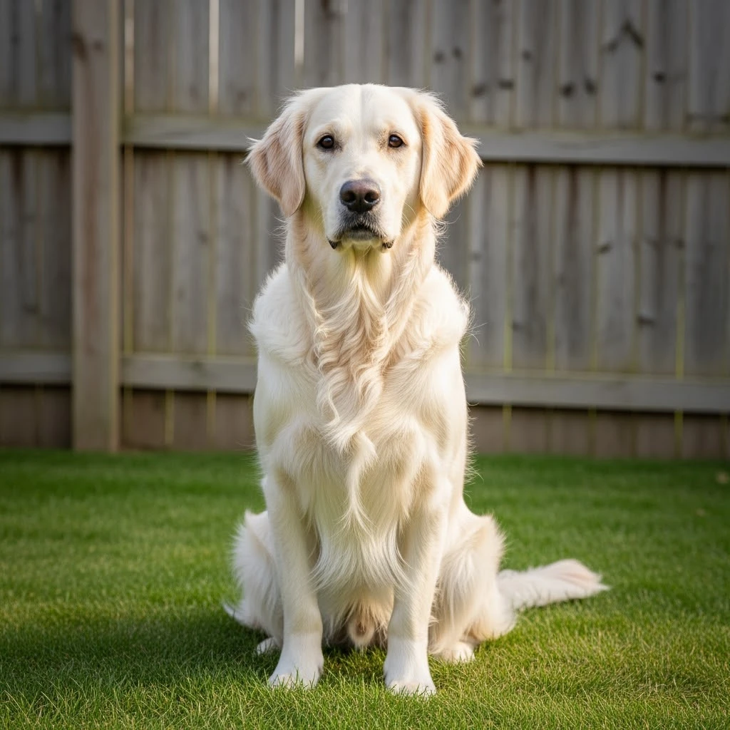 adult english cream golden retriever sitting on grass, facing camera, fence in the background emoji