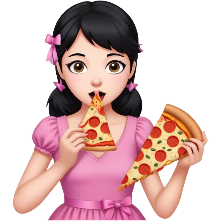 girl with black hair wearing pink and ribbons eating pizza emoji