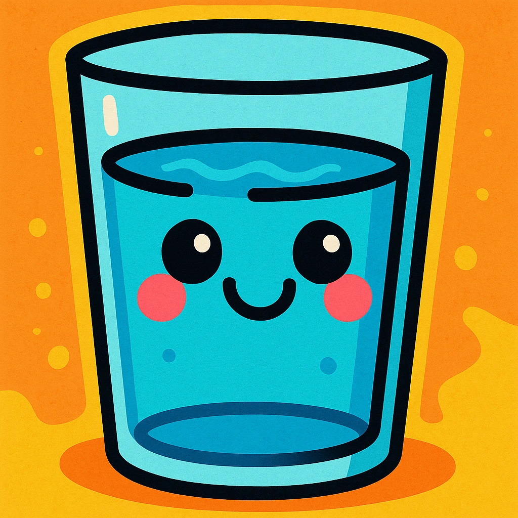 cartoon style glass of water with a smiling face emoji