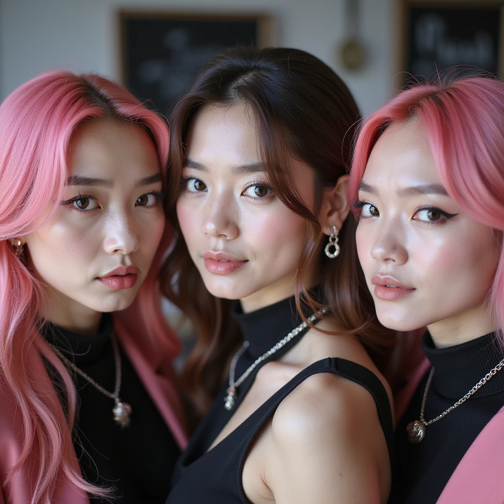 photorealistic close-up of Blackpink members, fashionable K-pop style, pink and black accents emoji