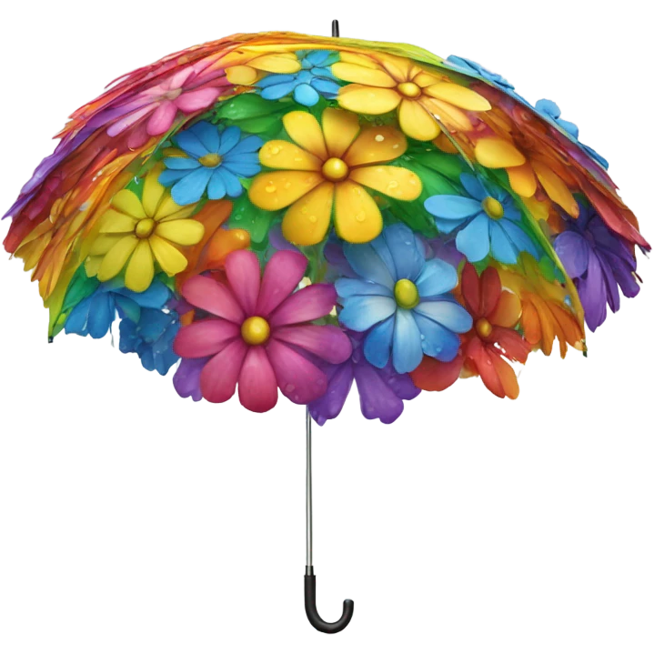 Rainbow umbrella made of flowers with dew drops dripping off and a large handle  emoji