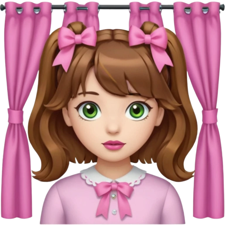 Una chica de cabello marrón con ojos de un verde acaramelado labios rosados cabello suelto con ondas un fleco corto en medio y otros dos a los lados en modo fleco cortina dos mini coletitas a los lados con lazitos  emoji