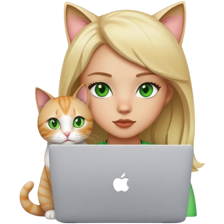 Blonde girl green eyes with apple MacBook and a cat emoji
