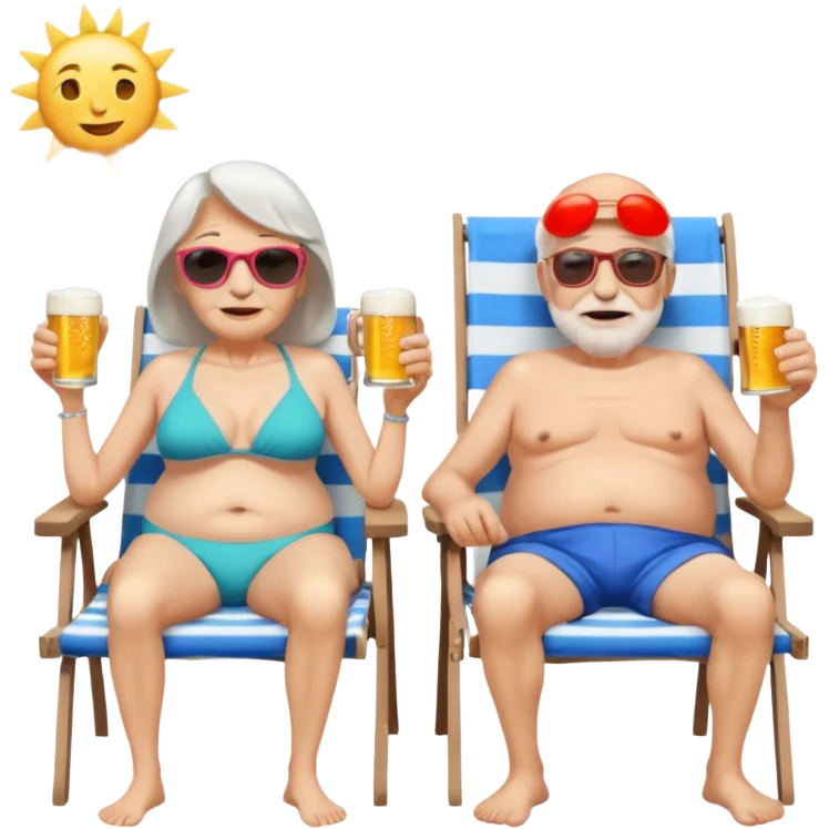 an emoji that shows elderly one slim woman in bikini and one man with dickbauch in bath shorts, both are retired and are lying in sun-chairs at the beach to recover from retiring-stress emoji