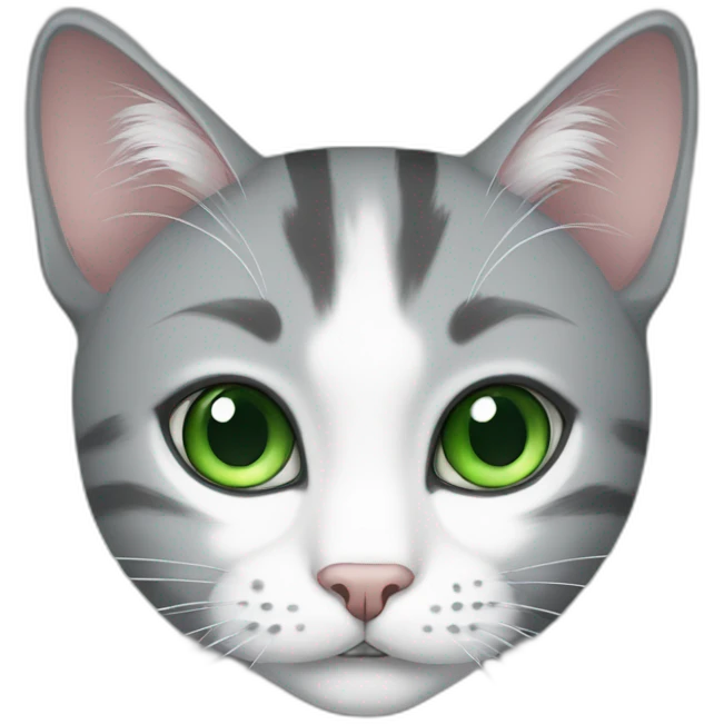 a gray and white cat with green eyes emoji