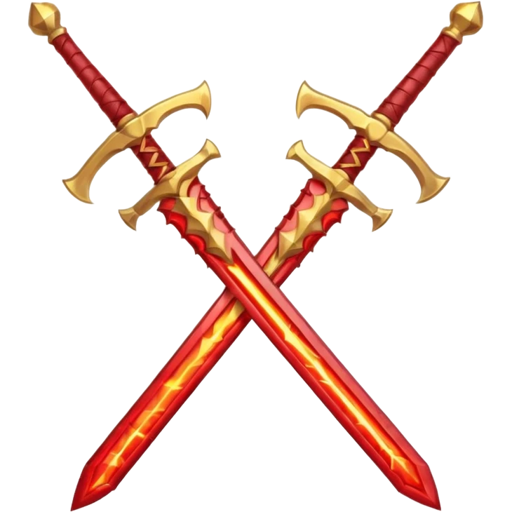 Two crossed swords that are golden in blade and handle and have fiery and royal appearence to them as well as red gem stones emoji