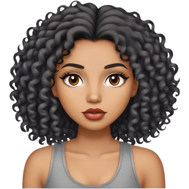 light brown skin tone, very beautiful woman, with big plump lips, long long lashes, black curly long hair, brown eyes, grey tank top emoji