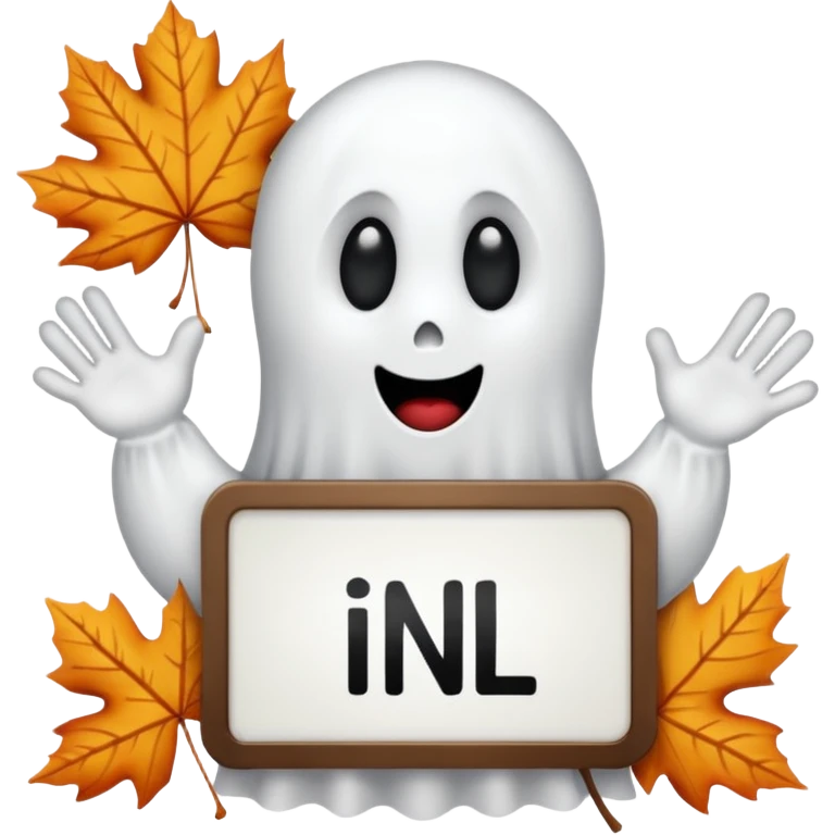 Cartoon ghost holding a sign that says “episode” in black uppercase letters. The ghost should be white and the board should be white with fall leaves around the boarder  emoji