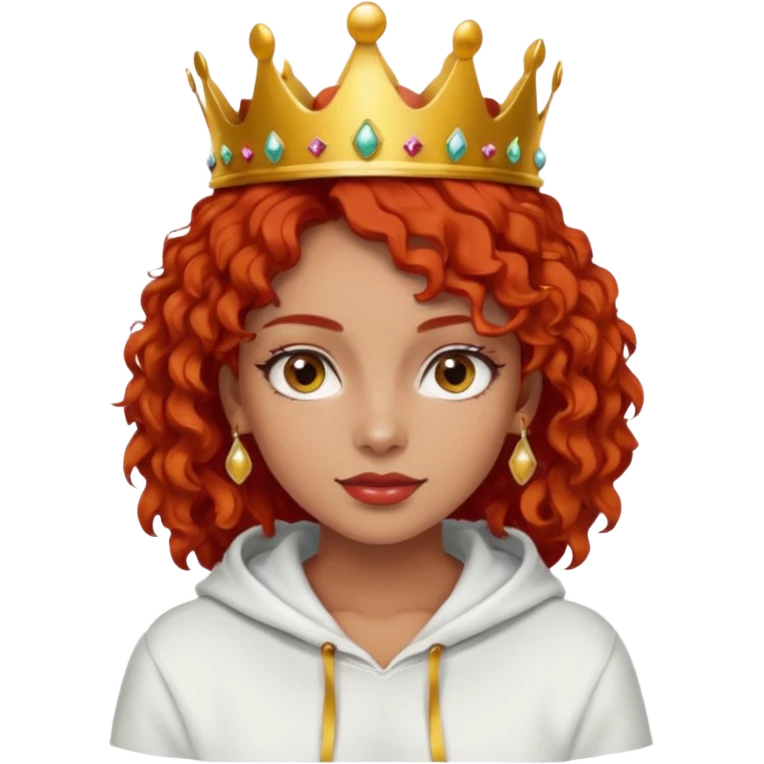 
Slim girl with a fine face, dark and tanned skin, medium-length curly tomato-red hair, dark eyes, medium-thick eyelashes, and a crown and earrings, wearing a white hooded sweatshirt. emoji