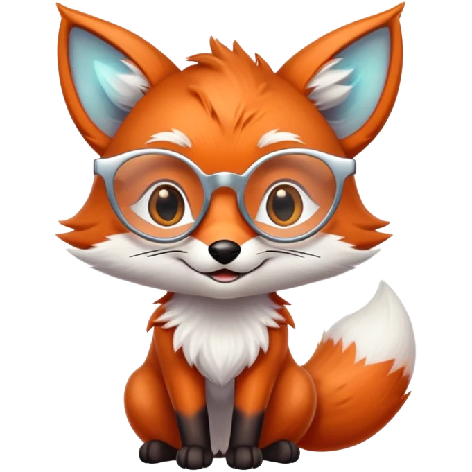 A sly fox with iridescent fur, a glowing tail, a silver star on its forehead, and round glasses, giving a mischievous smirk. 🦊😏 emoji