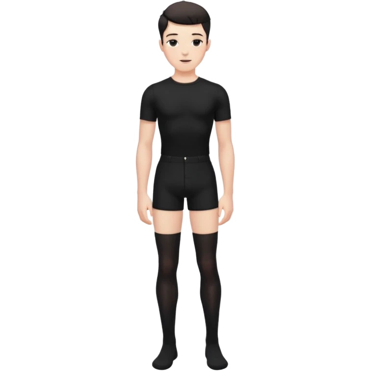 Male in his 20s, clean shaven, feminine look, wearing black thigh highs, black crops, black feminine shorts, is a femboy.   emoji