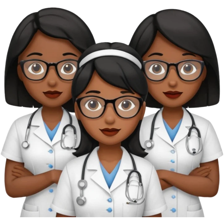 Genera un emogis de 4 enfermeras pelinegra juntas, entre ellas una con un lunar encima del labio y otra con lentes emoji