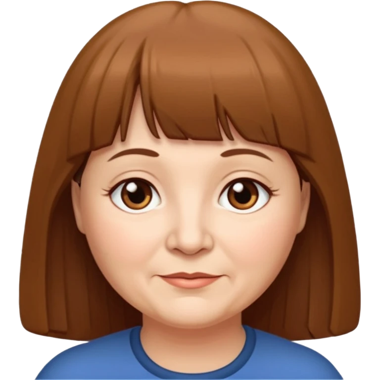 60 yr old woman, very small brown eyes, long straight brown hair, bangs, chubby emoji