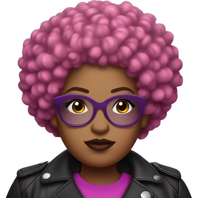 Plus size black woman with very short pink curly afro and a purple leather biker jacket with makeup on face. emoji