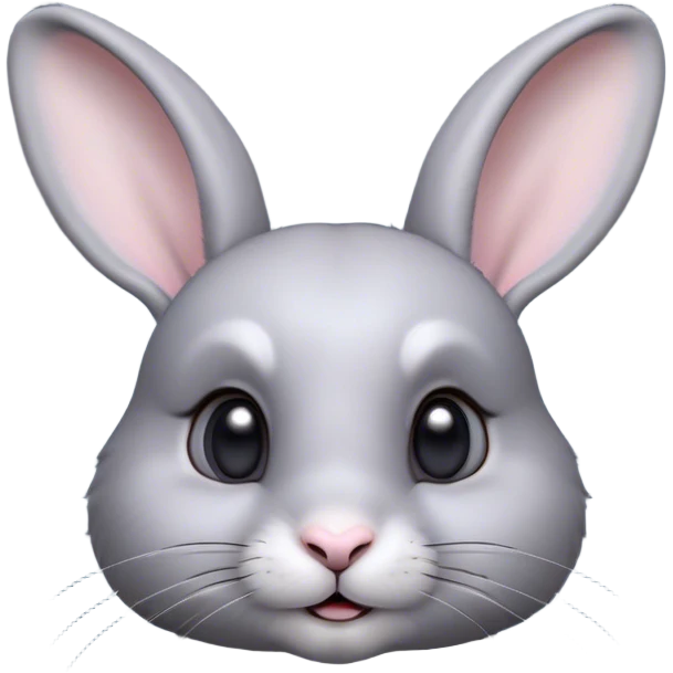 Cinematic Cute Grey Rabbit Portrait Emoji, Head tilted playfully and inquisitively, featuring a silky, smooth grey fur with soft, velvety textures, round, sparkling grey eyes filled with curiosity, Simplified yet irresistibly adorable features, highly detailed, glowing with a warm, friendly glow, high shine, affectionate and gentle, stylized with a touch of whimsy, bright and endearing, soft glowing outline, capturing the essence of a mischievous yet loving bunny, so playful it feels like it could hop out of the screen and into your arms! emoji