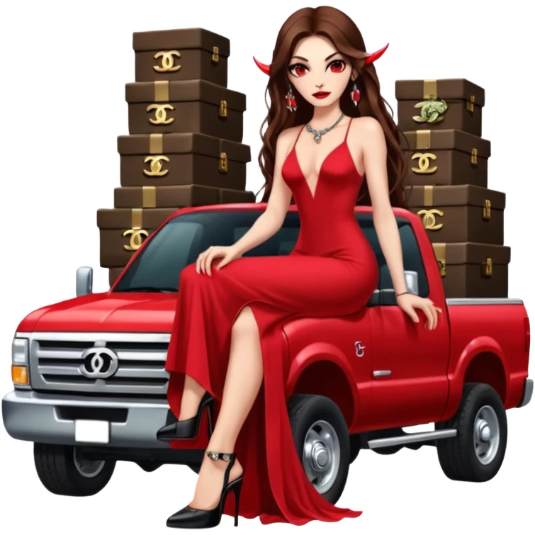 Lilith symbol red eye seductress evil long brown haired sexy succubus woman. Wearing Chanel  long dress with slit, sitting on top of a  giant lifted F350 pickup truck. Black Platform heels on feet. Back of truck full of stacks of cash, sitting behind her is  ahold stacks emoji
