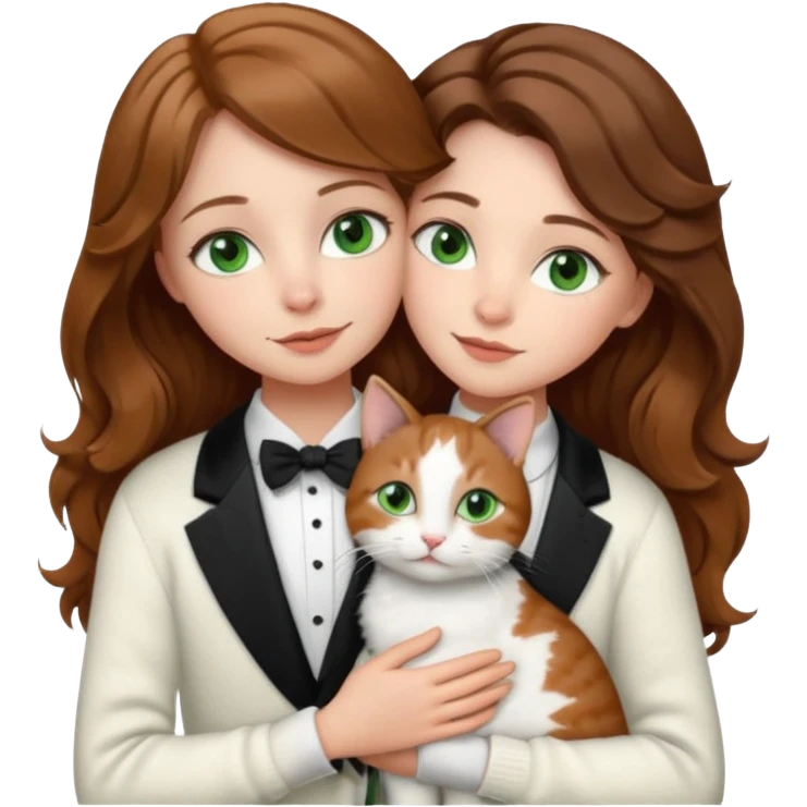 A pretty white girl with hazel brown eyes and brown wavy hair in a cosy white knit sweater, hugging a black and whitebtuxedo cat with green eyes emoji