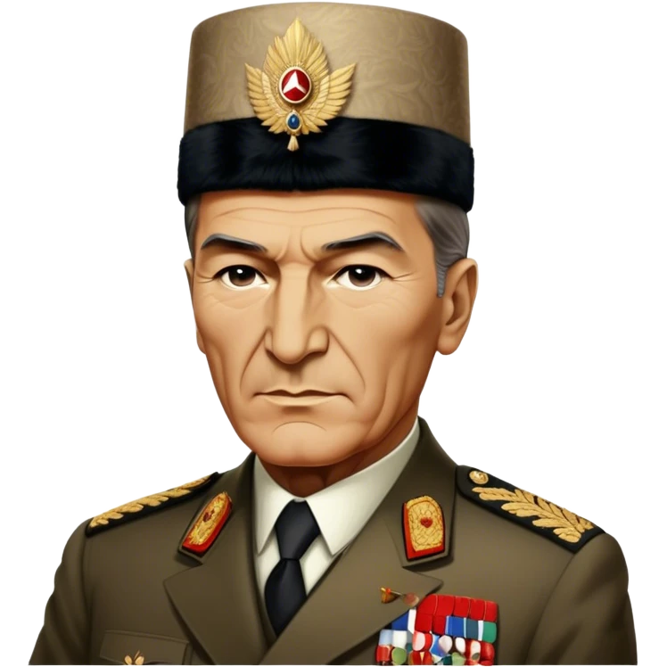 Mustafa Kemal Atatürk (statesman) in traditional hat – Cinematic Realistic Portrait of Mustafa Kemal Atatürk, depicted in dignified traditional attire with a distinctive hat, a resolute and visionary expression illuminated by warm, historic lighting, rendered with rich textures that evoke his transformative leadership. emoji
