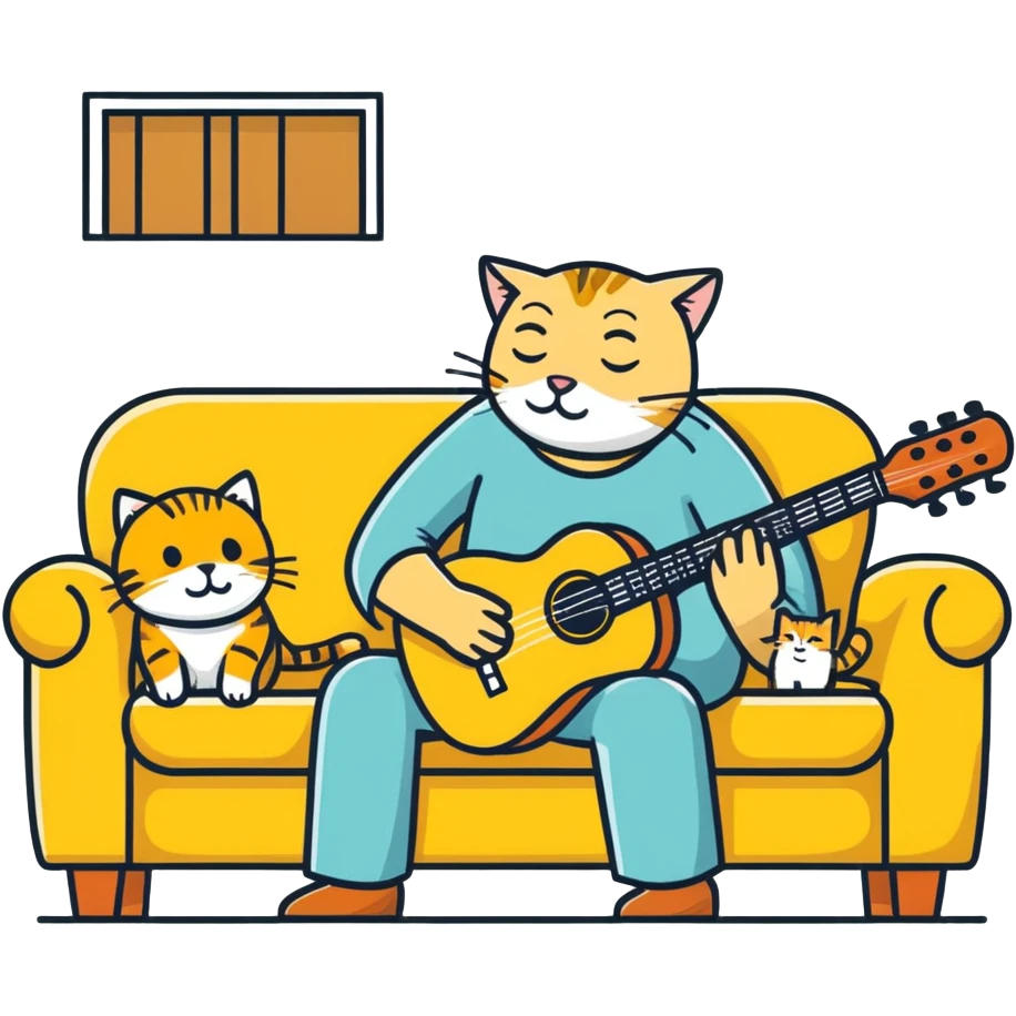  old blind man playing ￼guitar  on the couch ￼with his ￼golden cat  emoji