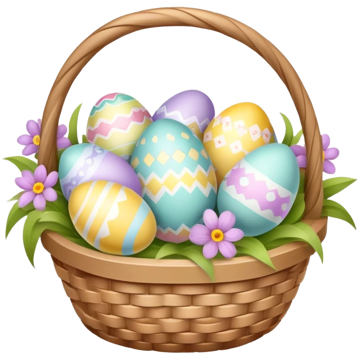 Easter basket filled with decorated eggs and spring flowers emoji
