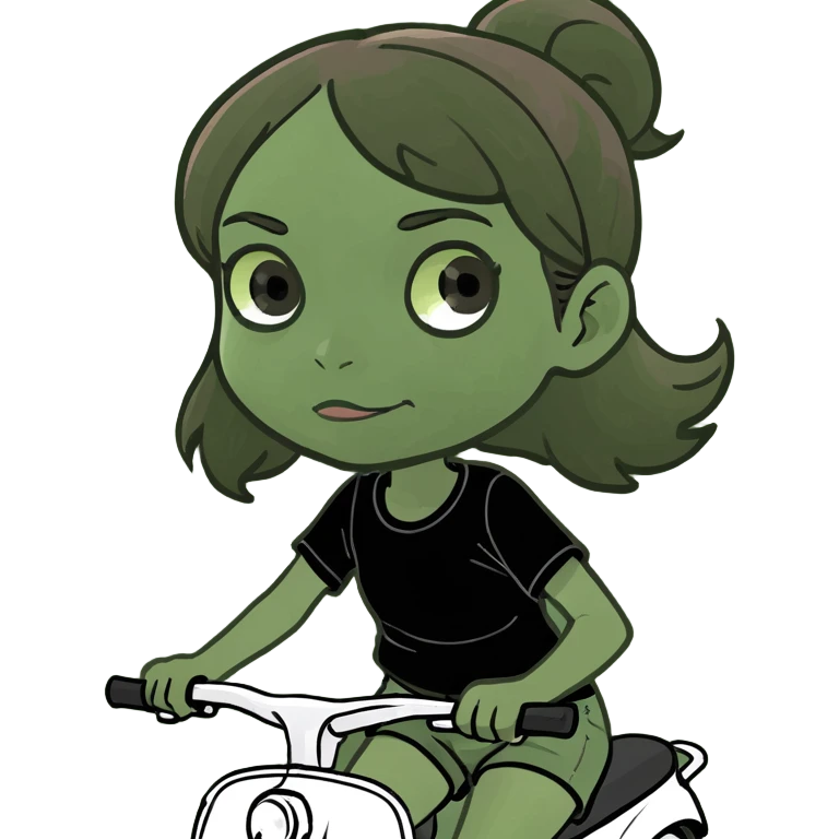 Tan girl with brown hair, riding scooter in black shorts emoji