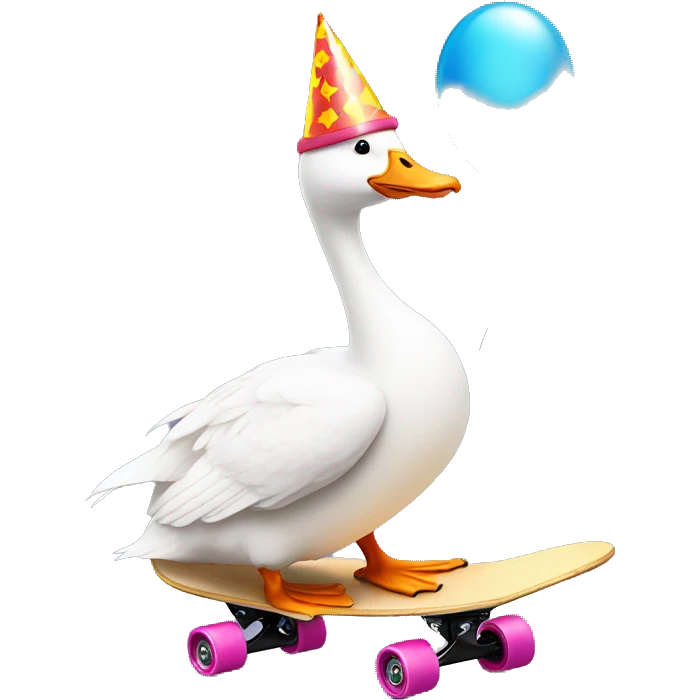 White goose wearing birthday party hat riding skateboard with balloon emoji