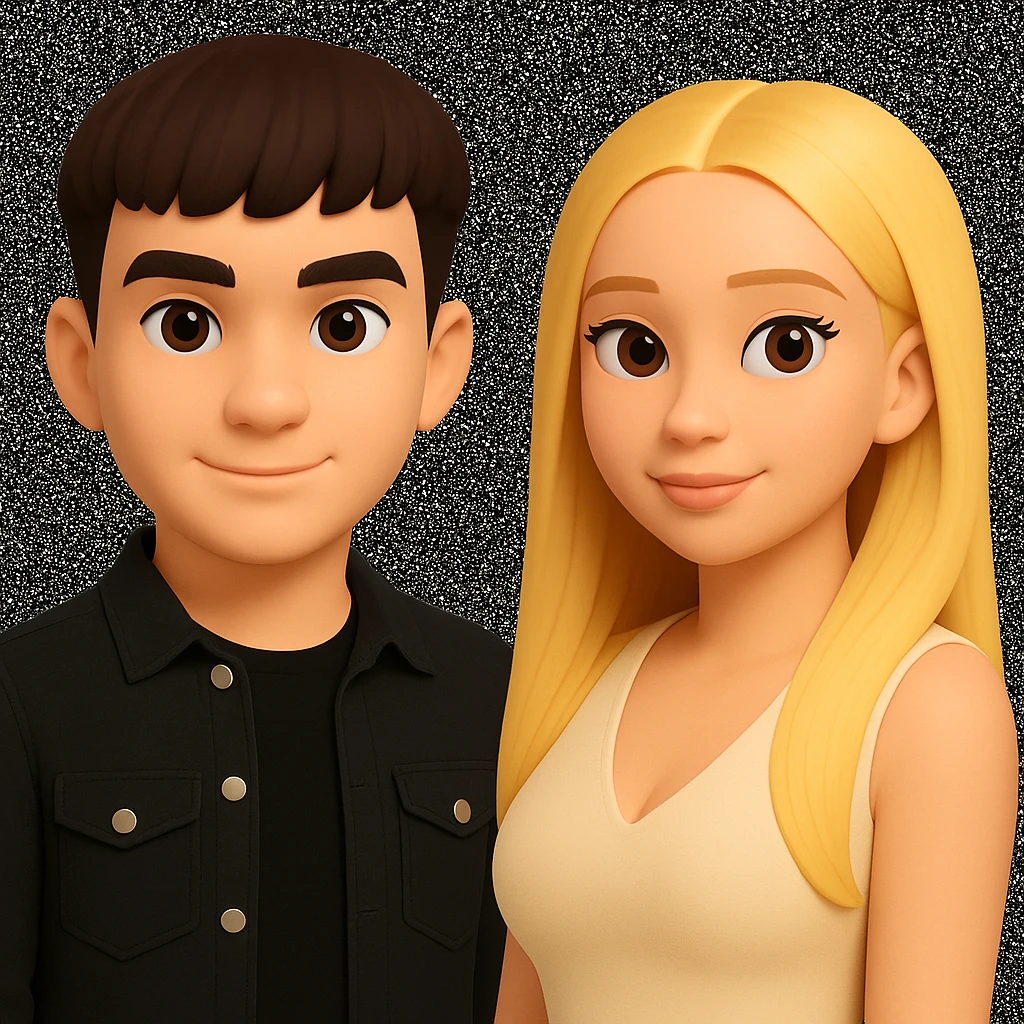 Slightly increase the volume of the upper body of the girl, separate the girl and the boy from each other, and make the skin color the same for both characters. Maintain the cartoonish 3D style in the edit. emoji