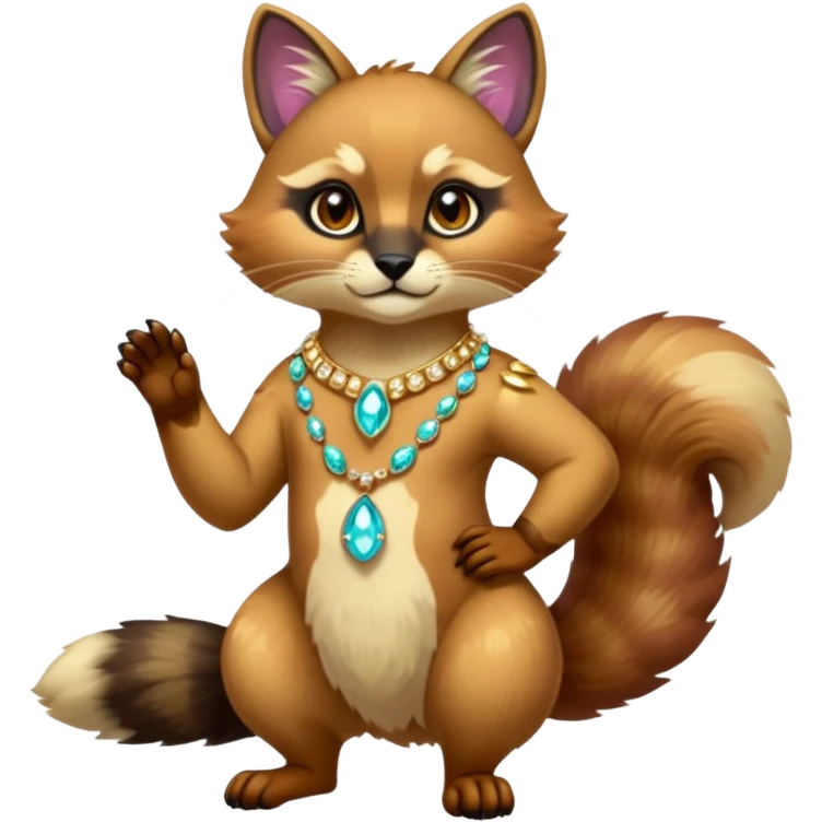 exotic shiny sparkly colorful fantasy-Cacomistle-tanuki-oncilla-caracal-animal-hybrid (full body) wearing jewelries and accessories and apparels emoji