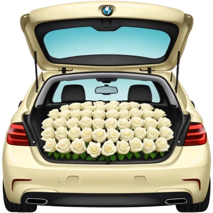 BMW sedan, trunk open and filled with white roses, emoji style emoji