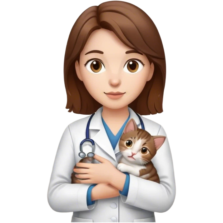 female veterinarian with brown hair and brown eyes holding a kitten emoji