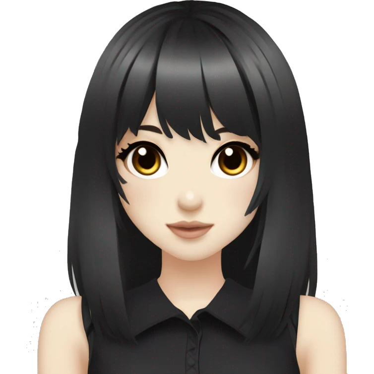 hime gyaru girl, pale skin with brown eyes and black hair with bangs, dark makeup, black shirt emoji