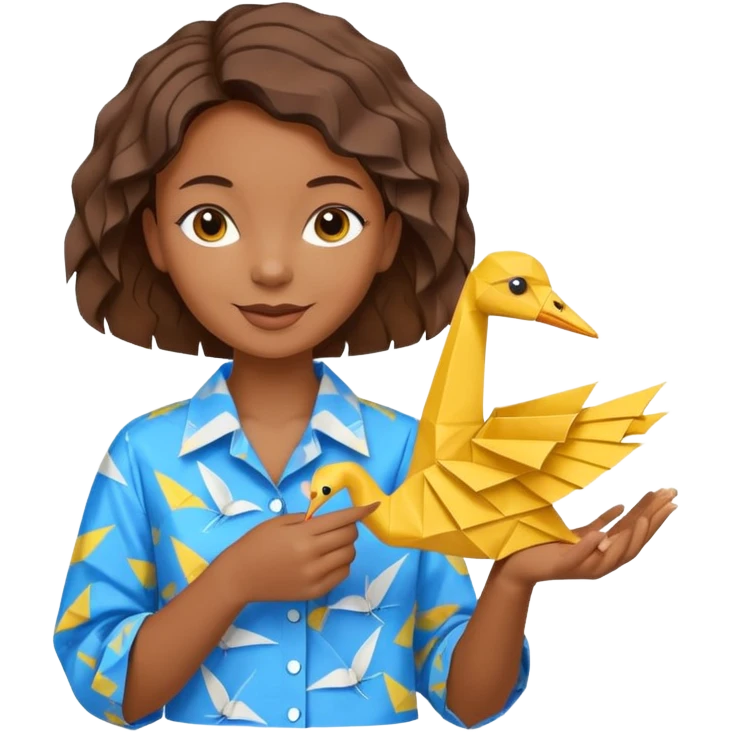 happy-african-young-girl-with-brown-african-hair-in-a-white-colorful-vintage-kanga-shirt-holds-an-origami-yellow-and-blue-crane emoji