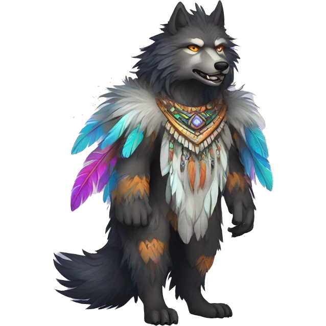 Fluffy Colorful Shy Spiritual Shamanic WereWolf With Shiny Tribal Markings wearing feathers Full Body emoji