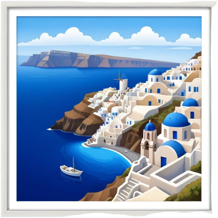 Cinematic Realistic Santorini Caldera Landscape Emoji, depicted with dramatic white‚Äêwashed cliffs overlooking a deep blue sea rendered with crisp textures and radiant lighting. emoji