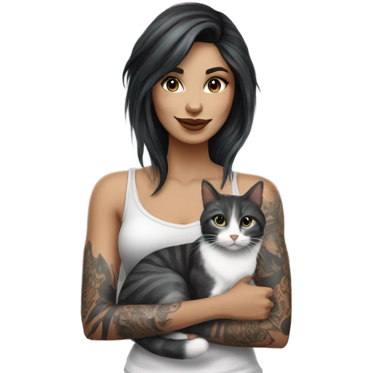 Beautiful dark haired tattooed woman holding gray and white stripe long haired cat emoji