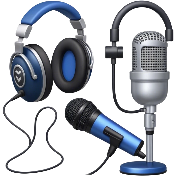 Create a sleek and professional emoji that represents voice acting and dubbing equipment. The design should feature a high-quality microphone, a sound mixer or audio interface, and headphones to symbolize the recording and technical process. Include elements like a soundproof booth or audio cables to reflect the studio environment. Use a modern, clean design with colors like silver, black, and dark blue to represent the professional side of voice acting. The background should be transparent. emoji