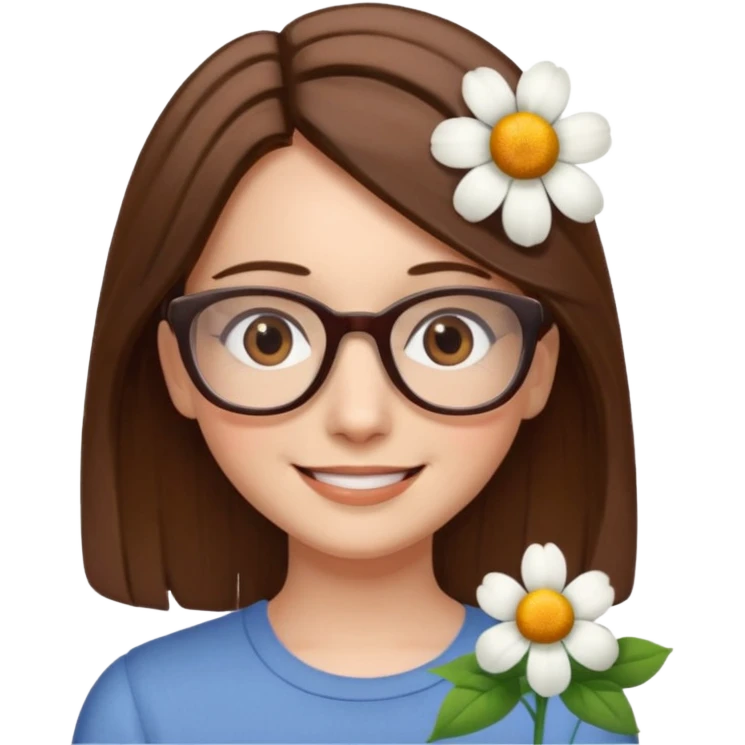 Hawaii female with fair skin. Shoulder length straight brown hair. Brown eyes with glasses. Flower in hair emoji