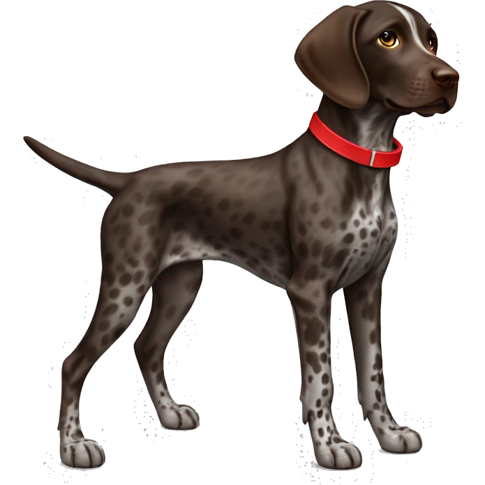 Dark Brown spotted German short haired pointer puppy with ticking with red collar  emoji