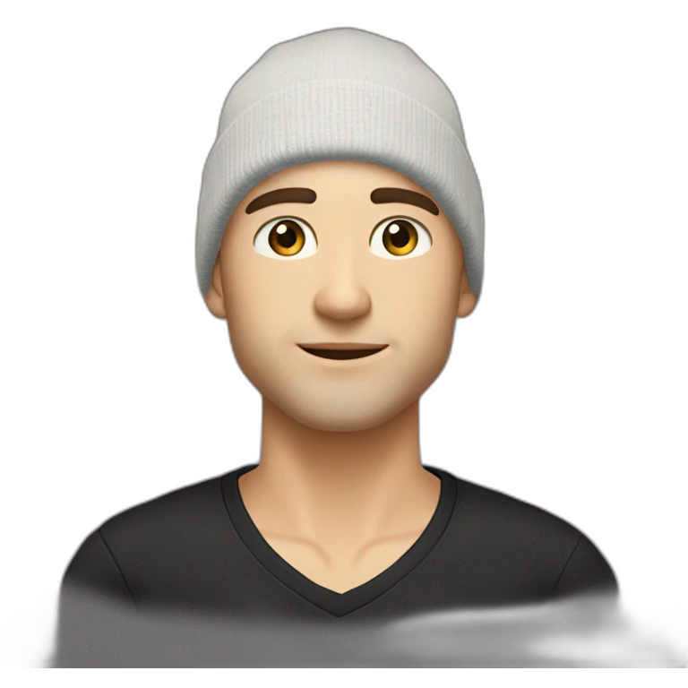 man caucasian shaved head hazel eyes stubble wearing a slouchy beanie and a black v-neck t-shirt emoji