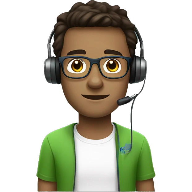white young man with blue eyes and dark brown hair and square glasses wearing green t-shirt with headset emoji