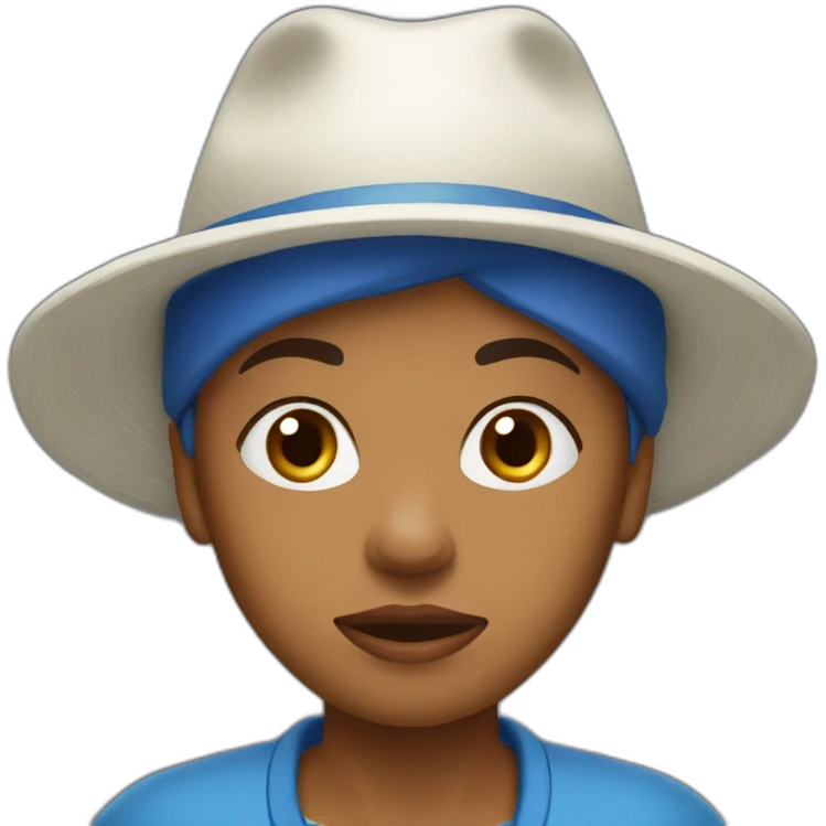 Lesotho woman with white hat, blue clothes, looking confused emoji