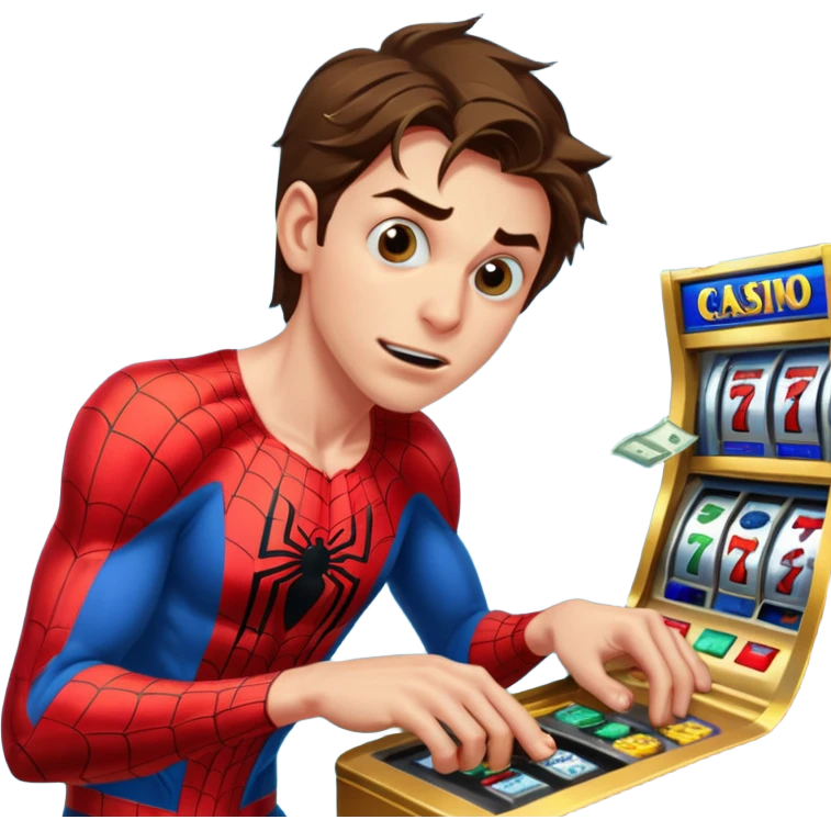 disheveled spiderman losing money at a slot machine, panicked face, coins flying emoji