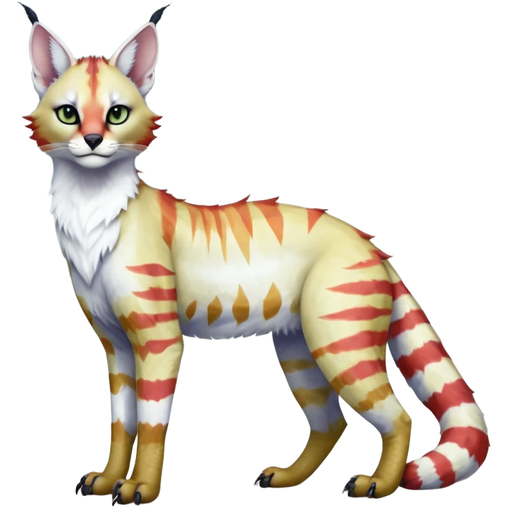 Colorful tropical tribal pale light fruity pastel white glorious iridescent divine exotic cute albino neon vibrant zigzagged cool beautiful fantasy-caracal-civet-genet-sergal-vernid-Gryphon-Cacomistle-Trico-oncilla-animal-Fakémon-hybrid-fursona (full body), facial markings,  emoji