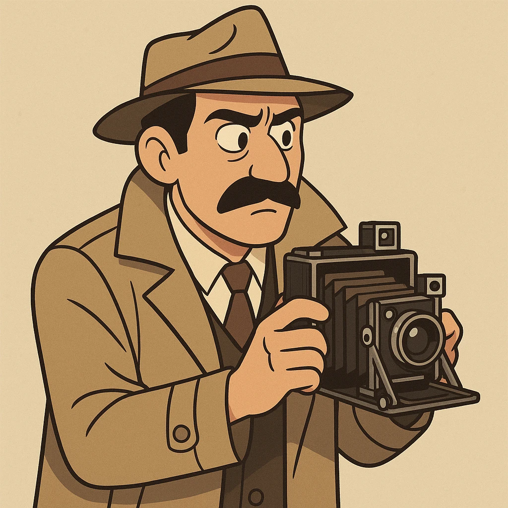 1930s private detective man with mustache, wearing raincoat and hat, holding old camera, retro cartoon style emoji