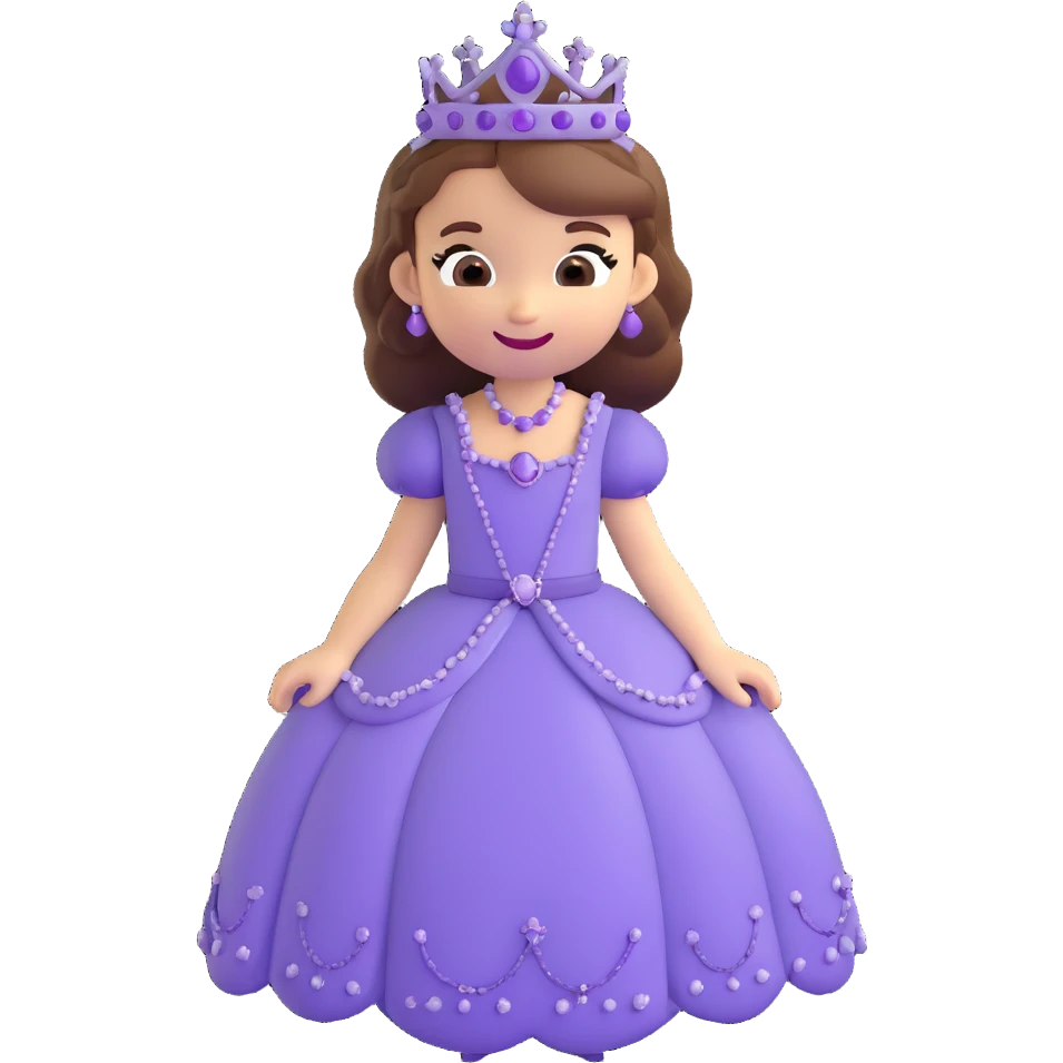 Sofia the First as a 3D emoji, wearing her signature purple dress and tiara, smiling, cute and friendly emoji