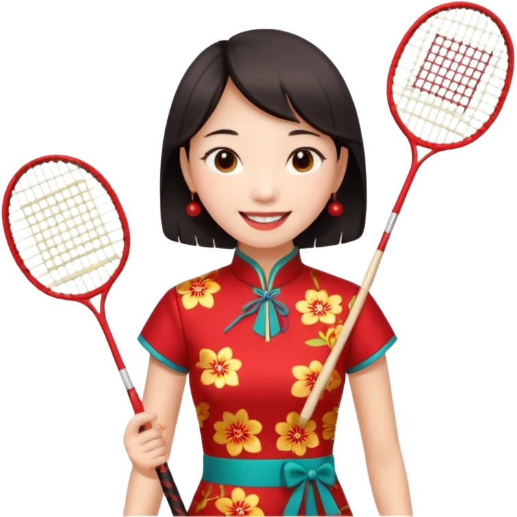 ancient cheongsam girl with 1 badminton racket, red emoji
