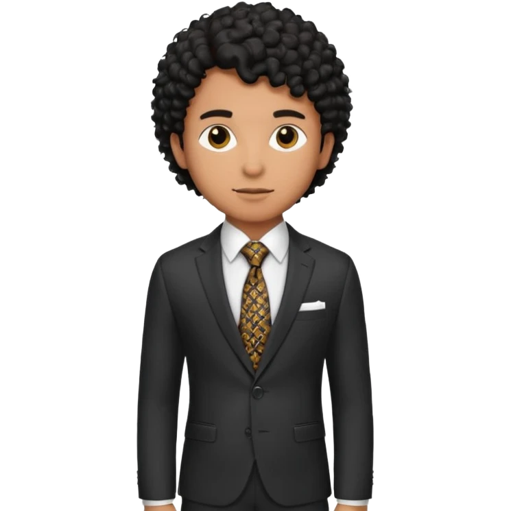 Young man, brown skin, black curly hair, tailored trousers, suit jacket, and tie, portrait

 emoji